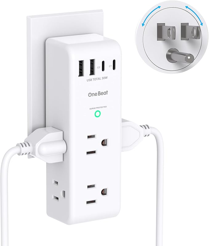 PD 30W Surge Protector Outlet Extender with Rotating Plug, USB Wall Outlet
