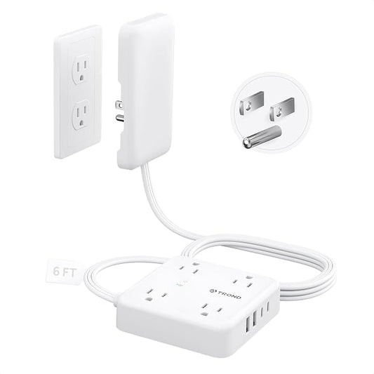 TROND 6FT Flat Plug Power Strip with Outlet Cover | Outlet Concealer Extension Cord with 4 Outlets and 4 USB Ports, 1440J Surge Protector for Home Improvement to Hide Messy