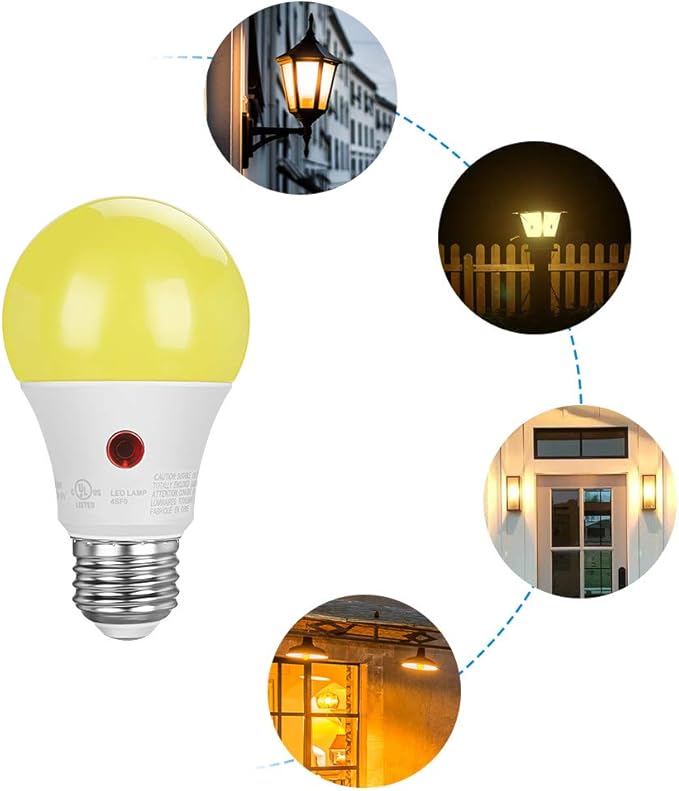 DEWENWILS A19 Dusk to Dawn LED Outdoor Light Bulb, Yellow Bug Light Bulbs for Outside, 2000K Amber Glow, 9W Equivalent 60W, E26 Base, LED Amber Light Bulbs for Porch, Patio, Backyard, 4 Pack UL Listed
