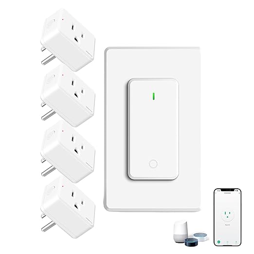 WiFi Plug with Switch,GreenCycle Smart Outlet with Remote,Compatible with Alexa and Google Home via Tuya,Compact Design,Remote Control Anywhere,15A/1500w,TUV FCC Listed(2.4G),1 Switch 4 Plug