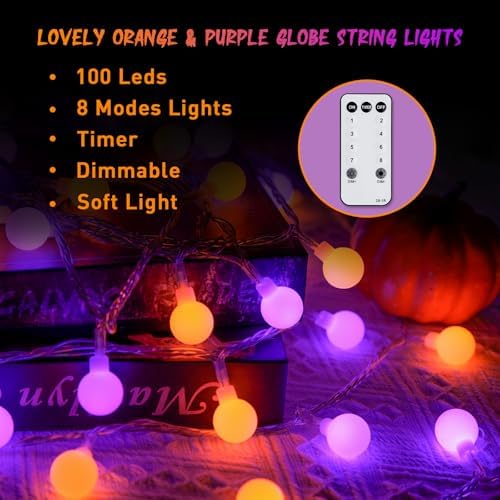JMEXSUSS 100 LED Globe Orange and Purple Halloween Lights Indoor Remote