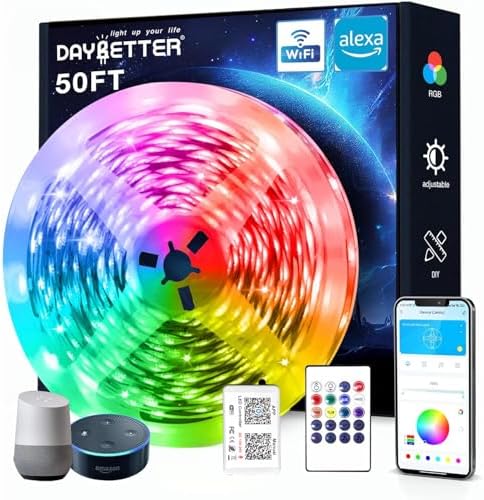 DAYBETTER Smart WiFi Led Lights, 50 FT RGB Led Strip Lights Compatible with Alexa and Google Assistant, App Voice Remote Control LED Strip Lighting for Bedroom Room Decor
