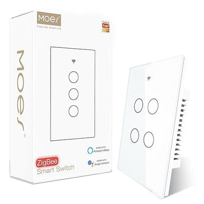 MOES Zigbee Smart Switches 4 Gang, Require MOES Zigbee Hub and Neutral Wire, Inteligente Single Pole Light Switch, Work as Relay, Support Tuya Smart Life, White