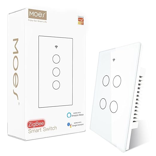 MOES Zigbee Smart Switches 4 Gang, Require MOES Zigbee Hub and Neutral Wire, Inteligente Single Pole Light Switch, Work as Relay, Support Tuya Smart Life, White