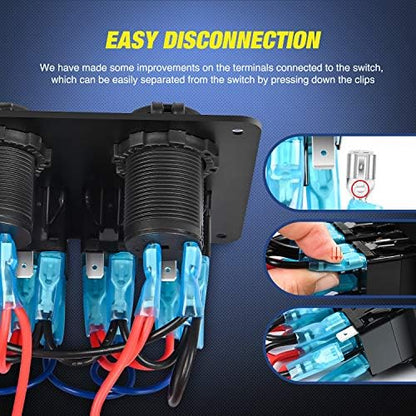 Nilight 6 Gang Rocker Switch Panel 5PIN On Off Laser Pattern Toggle | SPST 12V/20A 24V/10A Dual USB Charger Cigarette Lighter Socket with Fuse for LED Light Bar Rear Zombie Lights RV Boats 4X4 Blue