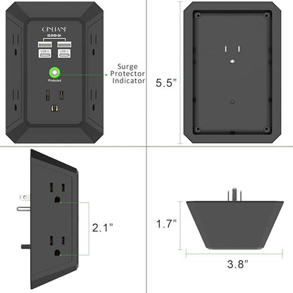 USB Wall Charger, Surge Protector, QINLIANF 5 Outlet Extender with 4 USB Charging Ports(2U2C) 3-Sided 1680J Power Strip Multi Plug Outlets Wall Adapter Spaced for Home Travel Office,Black