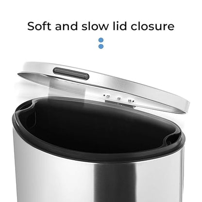 Home Zone Living 12 Gallon Semi-Round Kitchen Trash Can with Soft Close Lid, Step Pedal, Bag Tuck Band, and Removable Liner, Stainless Steel, Silver