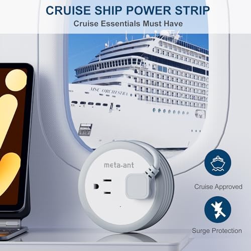 meta-ant Cruise Power Strip for Travel, 7 in 1 Extension Cord with 4 AC Outlets 2 USB-A and 1 USB-C Ports, 5 ft Flat Plug Wrapped Around Power Strip for Cruise Office, Hotel, Home