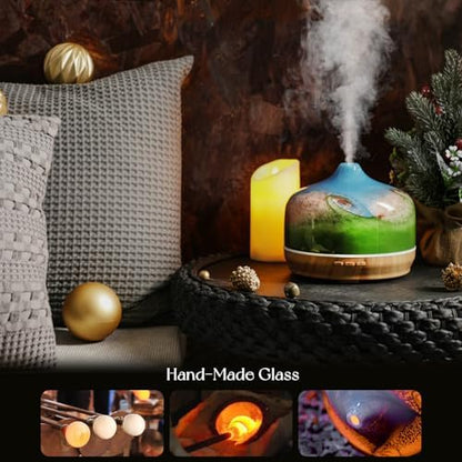 Porseme 500ml Glass Essential Oil Diffuser Aromatherapy Ultrasonic Cool Mist Humidifier 15-21 Running Hours Waterless Auto-Off Air Diffusers for Sleeping Yoga Working Spa(Blue Grass)
