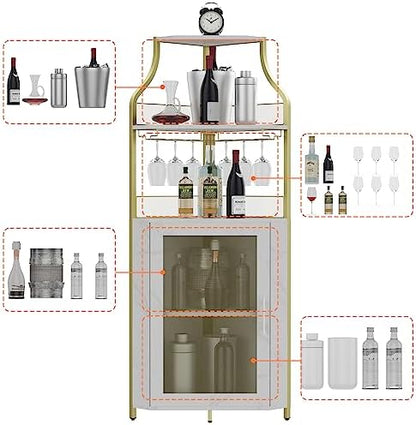 GAOMON Corner Bar Storage Cabinet, 5-Tier Farmhouse Liquor Cabinet with Glass Holder Wine Cabinet with Barn Door & Adjustable Shelf, Home Bar Storage for Home,Dining Room, Kitchen, Gold