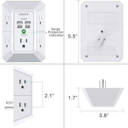 USB Wall Charger, Surge Protector, QINLIANF 5 Outlet Extender with 4 USB Charging Ports(2U2C) 3-Sided 1680J Power Strip Multi Plug Outlets Wall Adapter Spaced for Home Travel Office, White
