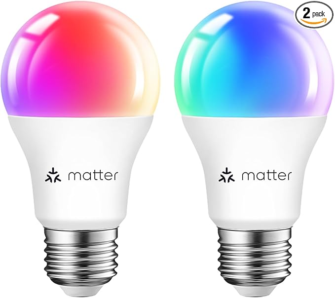 ANWIO Matter Smart Light Bulbs 8.5W (60W Replacement) A19 E26 LED Bulb Compatible with SmartThings App, Alexa, Google Assistant, Color Changing Light Bulb, 806lm,2.4Ghz only,Hub Required（2-Pack）