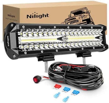 Nilight ZH411-A 12 Inch 300W Triple Row Flood Spot Combo 30000LM Led Off Road Lights for Trucks with 16AWG Wiring Harness Kit,2 Years Warranty,12Inch Light Bar (Pack of 12)