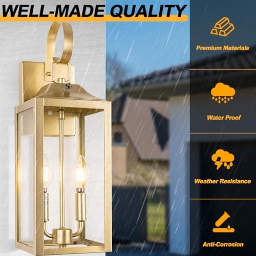 19" Dusk to Dawn Outdoor Wall Lantern 2-Light, Gold Outdoor Wall Lights