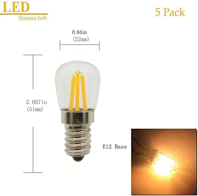 4W E12 LED Filament T20 Night Light Bulb,3000K Warm White LED Salt Lamp Bulbs, 110V Dimmable,Equivalent 40 Watt Light Bulbs E12 Candelabra Base Salt Lamp Light Bulb,Pack of 5
