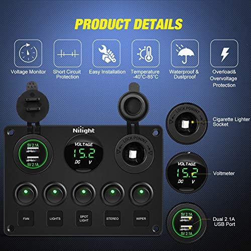 Nilight 5 Gang Multi-Function Rocker Switch Panel On Off SPST Toggle | 12V 12V/20A 24V/10A Dual USB Charger LED Voltmeter Cigarette Lighter for LED Light Bar Rear Rock Lights Trucks RV Boats 4X4 Green