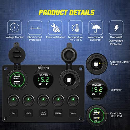 Nilight 5 Gang Multi-Function Rocker Switch Panel On Off SPST Toggle | 12V 12V/20A 24V/10A Dual USB Charger LED Voltmeter Cigarette Lighter for LED Light Bar Rear Rock Lights Trucks RV Boats 4X4 Green