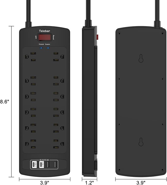 15 Ft Extension Cord Power Strip, Teiobar Surge Protector with 12 AC Outlets and 4 USB Ports for Home, Office, Dorm Essentials, 1875W/15A, 2700 Joules, ETL Listed, Black