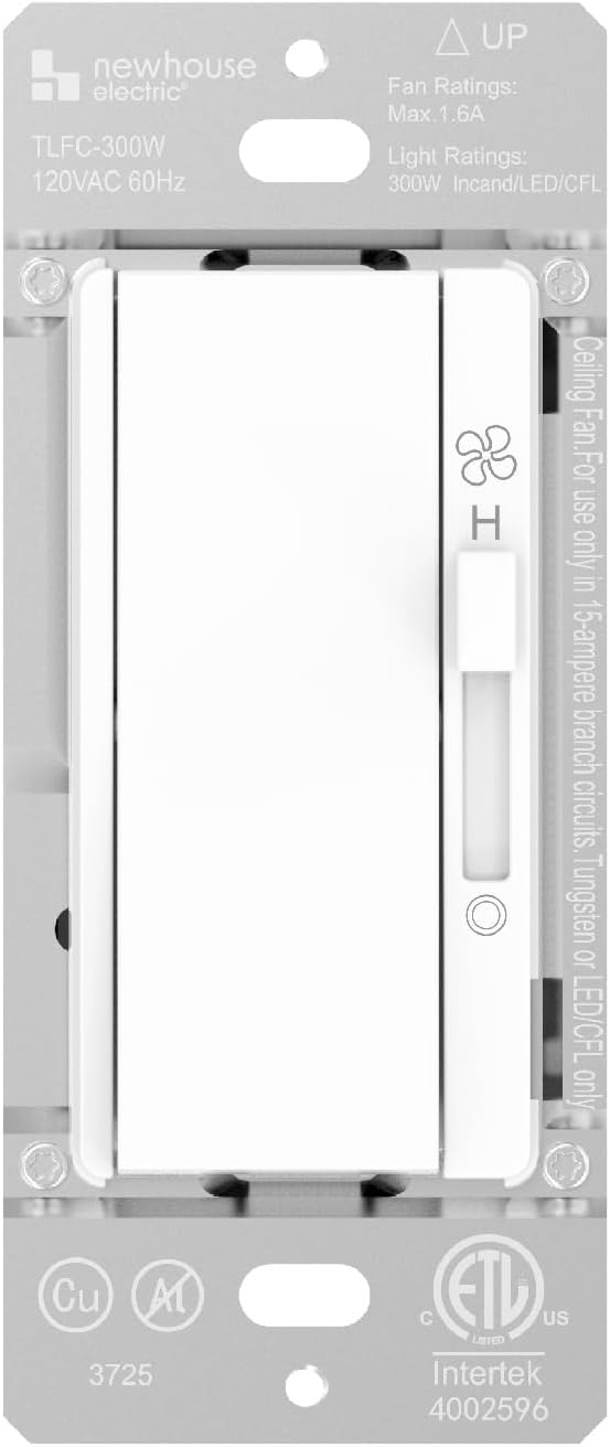 Newhouse Electric Single-Pole Light Switch and 3-Speed Fan Control TLFC-300W, Modern Wall Light and Fan Control Switch for Contemporary Interiors