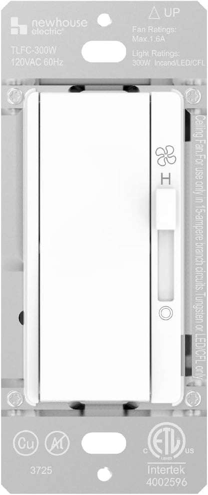 Newhouse Electric Single-Pole Light Switch and 3-Speed Fan Control TLFC-300W, Modern Wall Light and Fan Control Switch for Contemporary Interiors