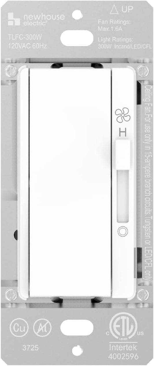 Newhouse Electric Single-Pole Light Switch and 3-Speed Fan Control TLFC-300W, Modern Wall Light and Fan Control Switch for Contemporary Interiors