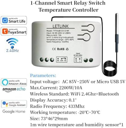 1 Channel WiFi/Bluetooth Temperature Sensor Smart Relay Switch,DC 7-32V Or Micro-USB 5V, Work with Smart Life/Tuya app,Compatible with Alexa Google Home (1CH AC 110V)