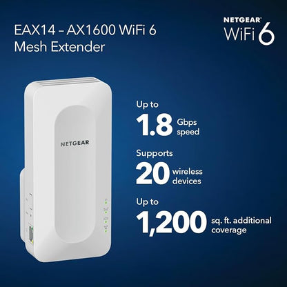 NETGEAR WiFi 6 Mesh Range Extender (EAX14) - Add up to 1,200 sq. ft. and up to 20 Devices with AX1800 Dual-Band Wireless Signal Booster & Repeater (up to 1.8 Gbps Speed), WPA3 Security, Smart Roaming