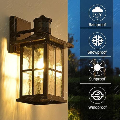 FLEDAVID 2 Pack Motion Sensor Outdoor Wall Lights Dusk to Dawn Exterior Porch Lantern Brown Outside Sconce Lighting Fixtures Rustic Farmhouse Wall Mount Carriage Lamp for House Garage Patio