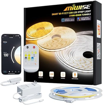 MIWISE CCT COB LED Strip Light Tunable White,20ft/6.1m Dimmable 2700K-6500K CRI90+ 24V LED Tape Light Kit,Compatible with Alexa/Google Assistant/Tuya,for Under Cabinet Bedroom Kitchen DIY Lighting