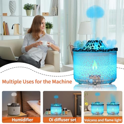BOHOFAM Essential Oil Diffuser 360ML,Volcano and Flame Diffuser/Humidifier 2 Mode,Diffusers for Home with 7 Colorful Light,Included 4 Hotel Collection Diffuser Oil for Bedroom(White Translucent)