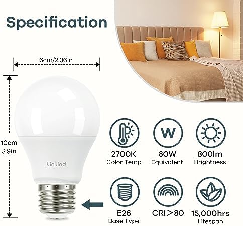 Linkind A19 LED Light Bulbs, 60 Watt Equivalent, 2700K Soft White 4 Packs