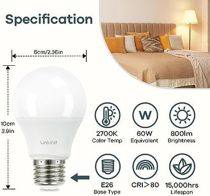 Linkind A19 LED Light Bulbs, 60 Watt Equivalent, 2700K Soft White 4 Packs