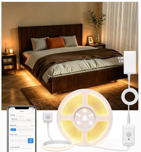 Smart Plug-in Dual Motion Sensor COB LED Strip Light for Under Bed, Under Cabinet, Hallway, Closet, 19.6ft APP Control, 3000K Warm White