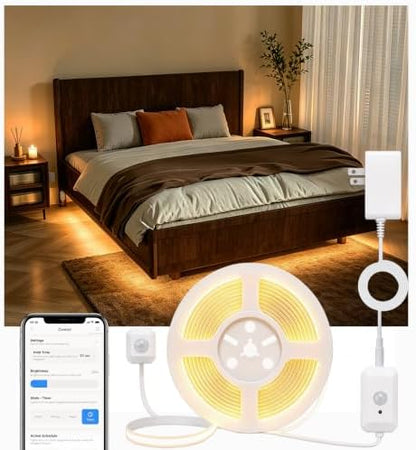 Smart Plug-in Dual Motion Sensor COB LED Strip Light for Under Bed, Under Cabinet, Hallway, Closet, 19.6ft APP Control, 3000K Warm White