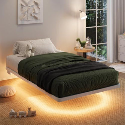 SHA CERLIN Twin Size Floating Bed Frame with Smart LED Lights, White