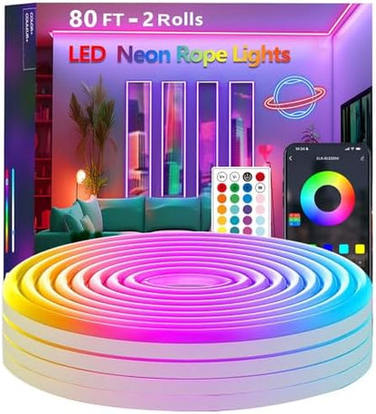 80FT Neon Rope Lights,Flexible Led Light Control with App/Remote,Multiple Modes,IP65 Outdoor Waterproof,Music Sync Strip for Bedroom