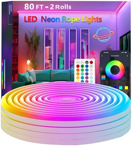 80FT Neon Rope Lights,Flexible Led Light Control with App/Remote,Multiple Modes,IP65 Outdoor Waterproof,Music Sync Strip for Bedroom
