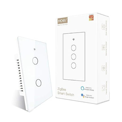 MOES ZigBee Smart Touch Wall Light Switch,Requires Tuya ZigBee Hub,No Neutral Wire/N+L Wiring,No Capacitor,Smart Life Tuya 2/3 Way Remote Control, Work with Alexa Google Home, 2MQTT,2 Gang White