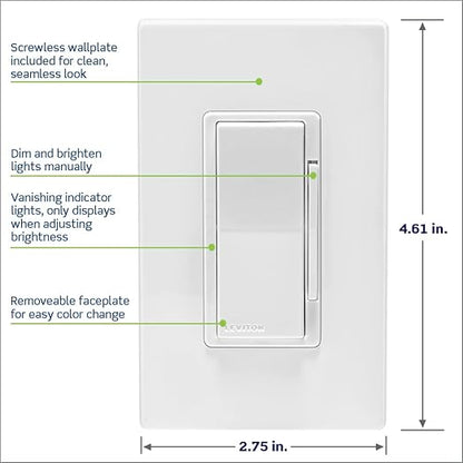 Leviton Decora Smart Dimmer Switch, 0-10V, Wi-Fi, Neutral Wire Required, Works with Matter, My Leviton, Alexa, Google Assistant, Apple Home/Siri & Wired or Wire-Free 3-Way, D2710-1BW, White