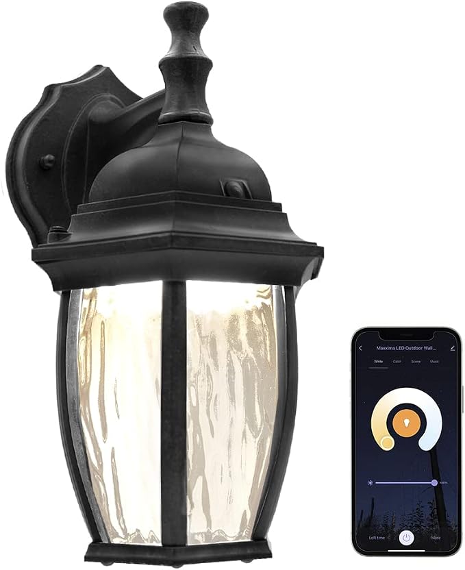 Maxxima Luvoni WiFi LED Outdoor Wall Light, 850 Lumens, CCT 2700K-6500K | Smart, Black w/ Clear Water Glass, App Controlled Porch Lantern, Dimmable, Works with Google Home/Alexa, by Maxxima