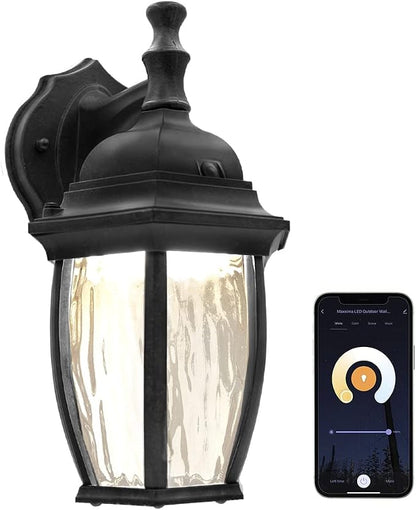 Maxxima Luvoni WiFi LED Outdoor Wall Light, 850 Lumens, CCT 2700K-6500K | Smart, Black w/ Clear Water Glass, App Controlled Porch Lantern, Dimmable, Works with Google Home/Alexa, by Maxxima