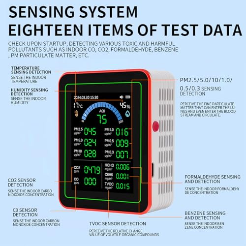 18 in 1 Air Quality Tester for Home, Indoor Air Quality Monitor, with Air Quality Index, CO2, HCHO, TVOC, PM5.0, PM0.3, PM1.0, PM2.5, PM10 etc, Support Data Storage and