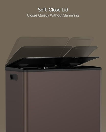 Lovewind Dual Trash and Recycling Bins for Kitchen, 13+6 Gallon Stainless Steel Garbage and Recycle Bin Combo for Large Families, Dual Trash Can with Soft Close Lid & Magnetic Stickers, Brown