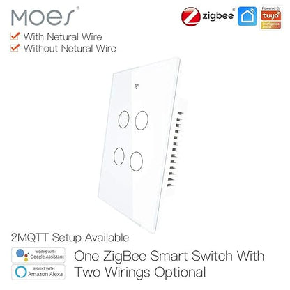 MOES ZigBee Smart Touch Wall Light Switch,Requires Tuya ZigBee Hub,No Neutral Wire/N+L Wiring,No Capacitor,Smart Life Tuya 2/3 Way Remote Control, Work with Alexa Google Home, 2MQTT,4 Gang White