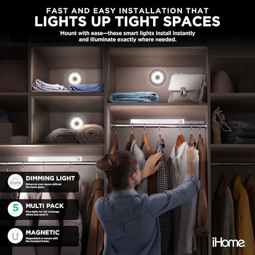 iHome Rechargeable Auto Sensing Light Bars, Motion Sensor, Dimmable, Auto/Always-On Modes, Easy Installation (5-Pack (2 Light Bars & 3 Puck))