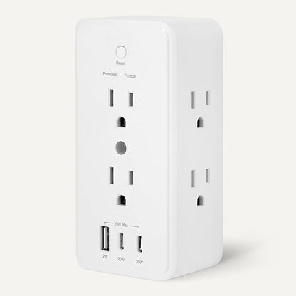 Amazon Basics Wall Mount Surge Protector Power Strip with 9-in-1 Hub, 1080 Joules, 6 AC Outlets, 1 USB-A and 2 USB-C (20W Fast Charging), White