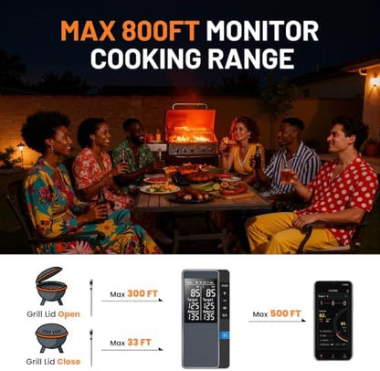 Smart Bluetooth Wireless Meat Thermometer, Real-Time Monitoring Control Digital Thermometer with Smart App, 2 Meat Probes IP67 Waterproof High Accuracy Perfect for BBQ, Oven, Grill & Smoker