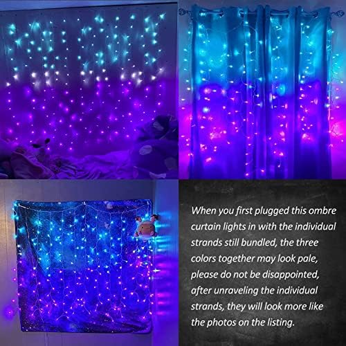 CoziTech Curtain Lights for Bedroom Waterfall Led Light String PurpleTeal Ombre Hanging Fairy Mermaid Lights for Kids Teen Room Decor Window Ocean Sea Kawaii Decor Girls Gift (Turquoise & Purple)