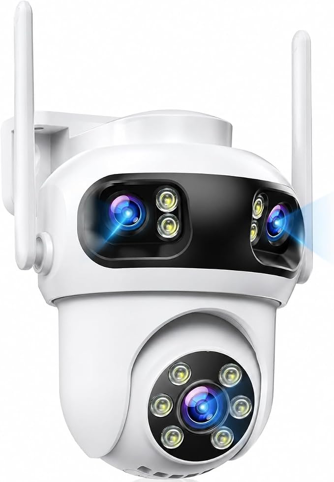 CAMCAMP Triple-Lens Security Camera Wireless Outdoor, Remote Access via APP | 1 Cam 3 views, auto tacking, human detected, plug-in power WiFi Pro, Color Night Vision, for big home side yard Gate Driveway