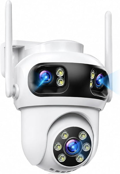 CAMCAMP Triple-Lens Security Camera Wireless Outdoor, Remote Access via APP | 1 Cam 3 views, auto tacking, human detected, plug-in power WiFi Pro, Color Night Vision, for big home side yard Gate Driveway